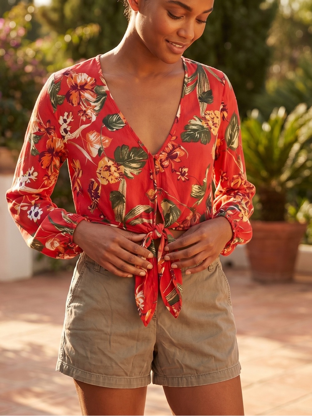 American Rag Red Floral Tie-Front Crop Top, NWT, S,